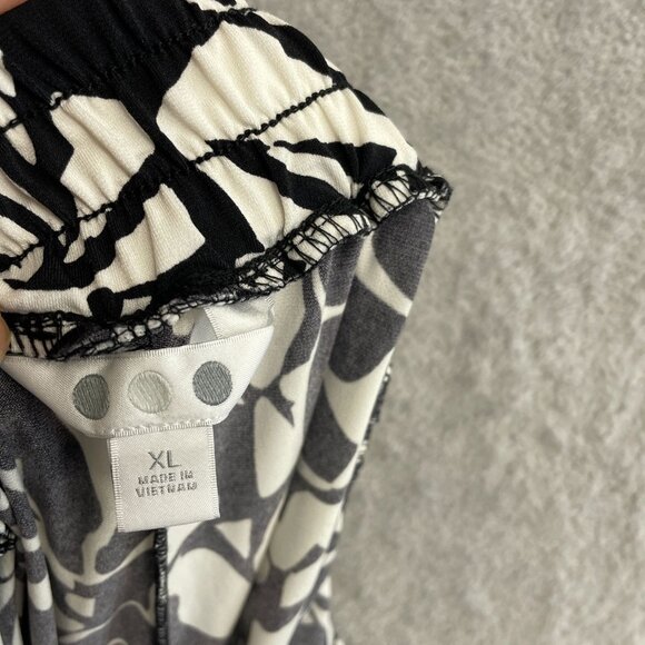 NWO Three Dots Loose-Fit Black & White Leaf Print Flare Leg Pants XL Polyester - Picture 7 of 11